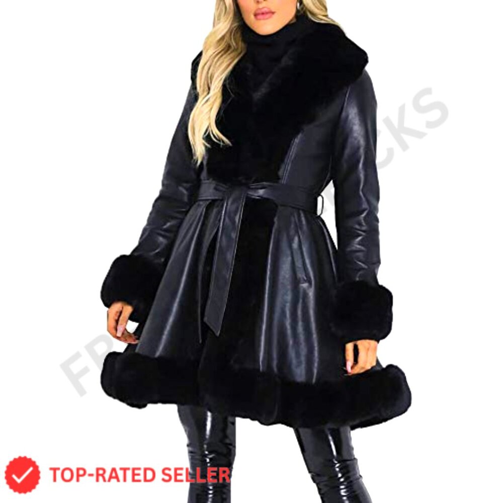 Faux Leather Jacket with Fur Collar, Belt, Winter Coat, Slim Fit - Picture 2 of 7